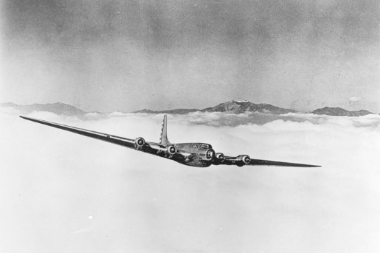 Black and white photo of Douglas XB-19 in flight